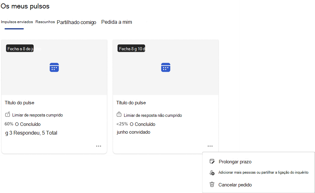 captura de ecrã do menu pendente com ações que pode realizar num Pulse aberto