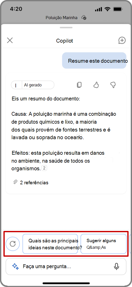 Captura de ecrã do Copilot no Word no dispositivo iOS com o resultado de resumo e as perguntas sugeridas realçadas