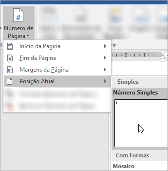 Captura de ecrã que mostra a escolha do número de página Formato simples na posição atual no documento