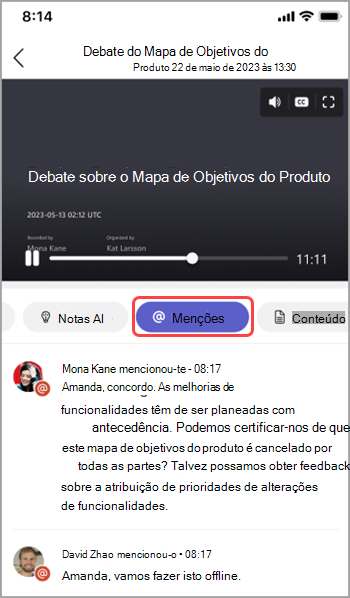 Ver menções de nome na recapitulação da reunião do Teams.