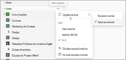 Captura de ecrã da lista simples de colunas simples e do filtro