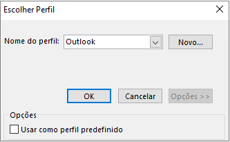 Aceitar a predefinição do Outlook na caixa de diálogo Escolher Perfil
