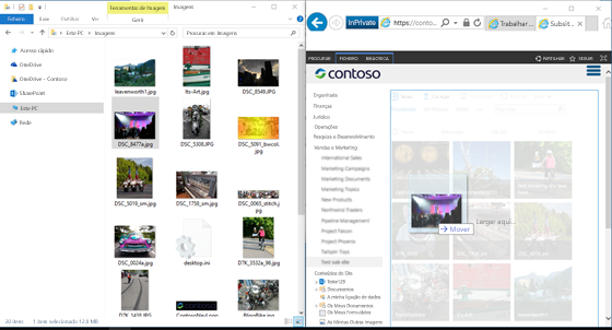 Captura de ecrã a mostrar o SharePoint e o Explorador do Windows lado a lado, ao utilizar a tecla Windows e as teclas de seta.