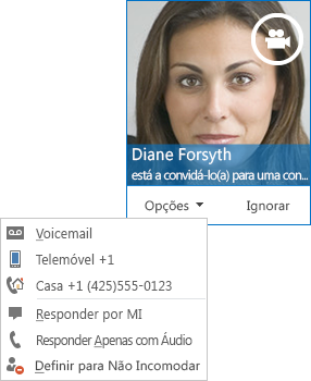 Captura de ecrã do alerta de chamada de vídeo com a imagem do contacto no canto superior