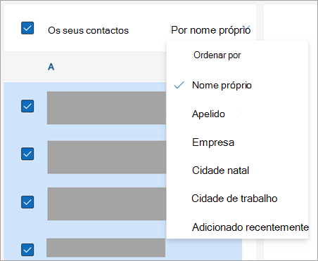 Captura de ecrã das opções para ordenar contactos