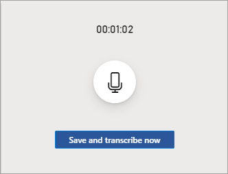 A gravação infere enquanto pairou com um registo de tempo na parte superior, um botão de currículo no meio e um botão Guardar e transcrever na parte inferior.