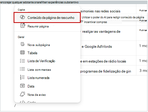 Captura de ecrã a mostrar o menu de barra. A opção "Redigir conteúdo da página" está realçada no menu de barra.