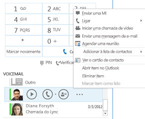 Captura de ecrã da opção verificar voicemail no Lync