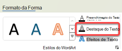 Para alterar o limite do WordArt, selecione-o e, no separador Formato da Forma, selecione Contorno do Texto.