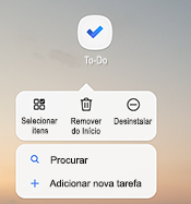 Captura de ecrã a mostrar o menu de atalho do Android que lista as opções: Selecionar itens, Remover da Home Page, Desinstalar, Procurar e Adicionar nova tarefa
