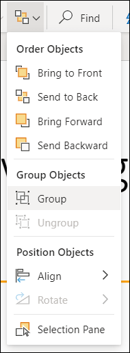 O menu Dispor a mostrar objetos de Grupo