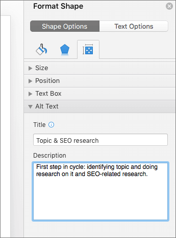 Captura de ecrã a mostrar o painel Formatar Forma com as caixas de Texto Alternativo a descrever a forma selecionada