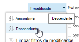 O menu de ordenação drop down num cabeçalho de coluna