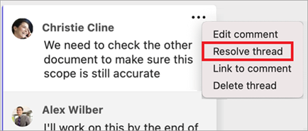 Menu Mais opções de comentário aberto com a opção "Resolver thread" selecionada.
