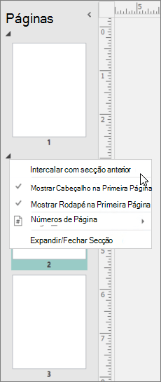 Uma imagem mostra uma secção selecionada com o cursor a apontar para a opção Fusão com Secção Anterior.