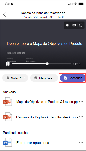 Ver conteúdo partilhado na recapitulação da reunião do Teams.