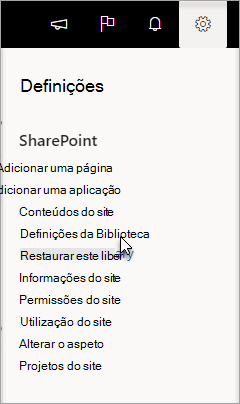 Definições menu com a opção Biblioteca Definições selecionada
