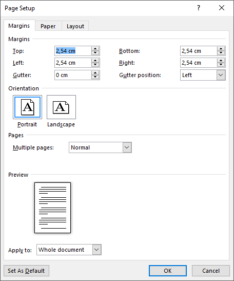 Definir margens personalizadas no separador Margens da Configuração da Página