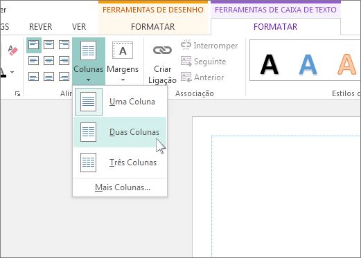 Captura de Ecrã das Colunas de Ferramentas da Caixa de Texto no Publisher.