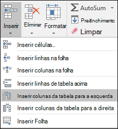 Para adicionar uma coluna de tabela a partir do separador Base, clique na seta em Inserir > Inserir Colunas de Tabela à Esquerda.