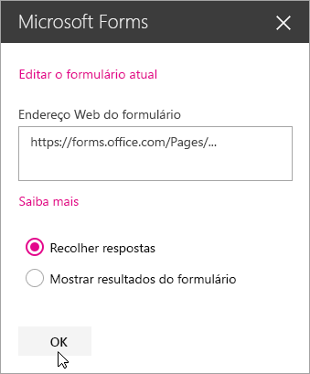 Após ter sido criado um novo formulário, o painel da peça Web Microsoft Forms apresenta o endereço Web do formulário.
