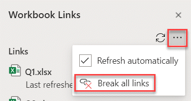Comando 'Quebrar todas as ligações' no painel 'Gerir links'.