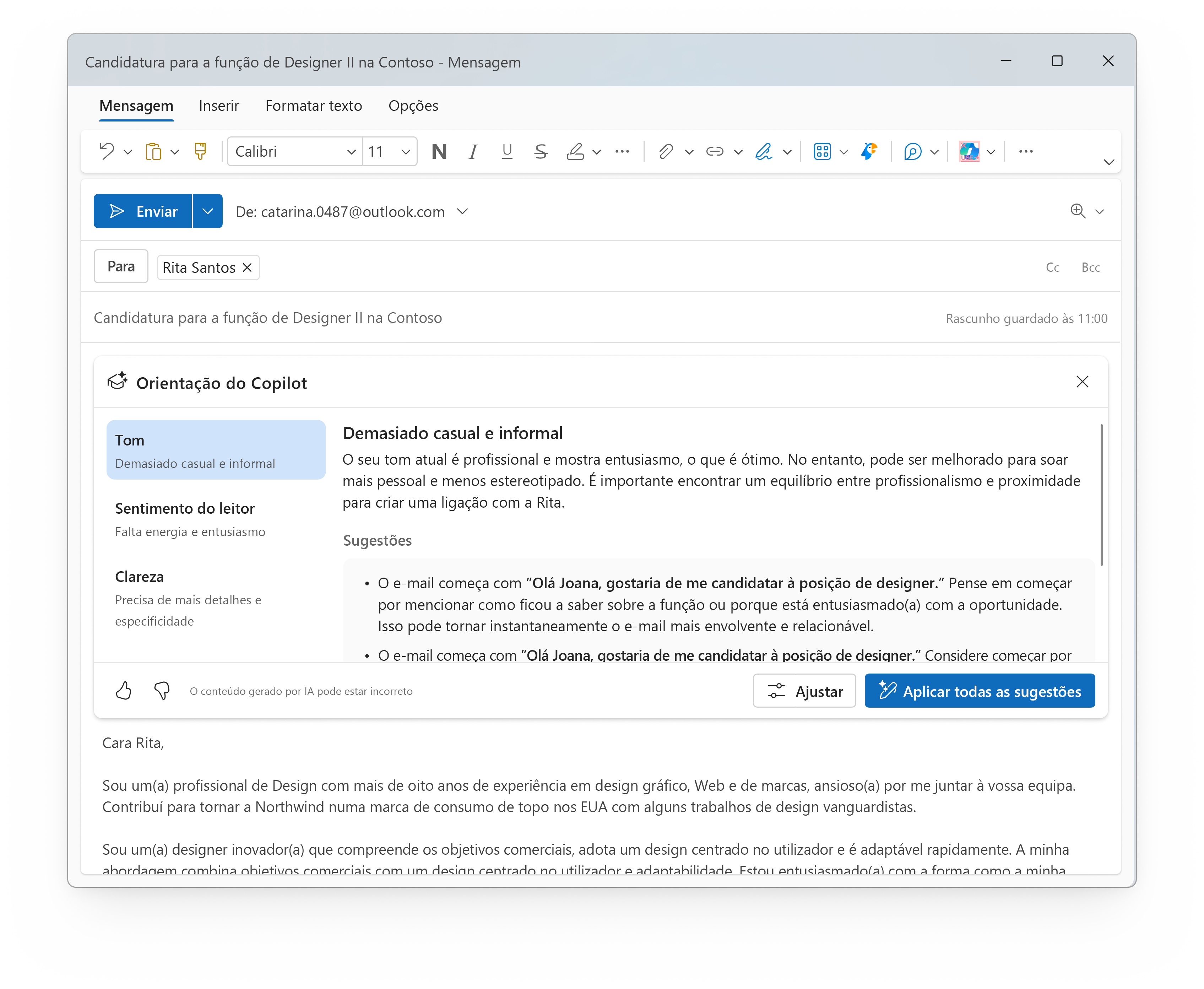 Uma captura de ecrã do Outlook aberta, a realçar o botão Aplicar Sugestões.