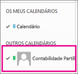 Outlook Web App com um calendário de caixa de correio partilhado selecionado