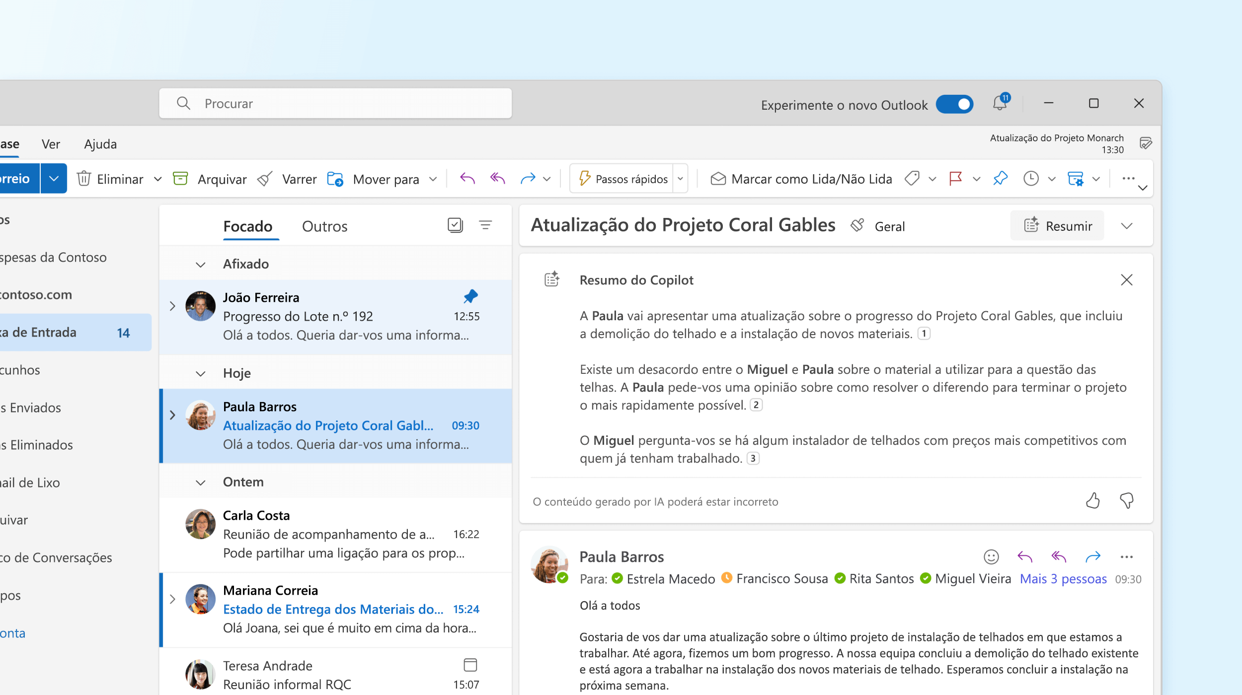 Captura de ecrã a mostrar Resumo do Copilot no Outlook.