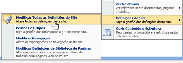 Modificar todas as opções de definições do site nas definições do site