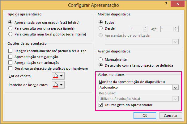 Opções de monitor na caixa de diálogo Configurar Apresentação