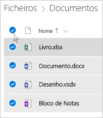 Captura de ecrã a mostrar a seleção de todos os ficheiros e pastas no OneDrive