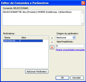 Editor de Comandos e Parâmetros com a instrução de parâmetro de SQL