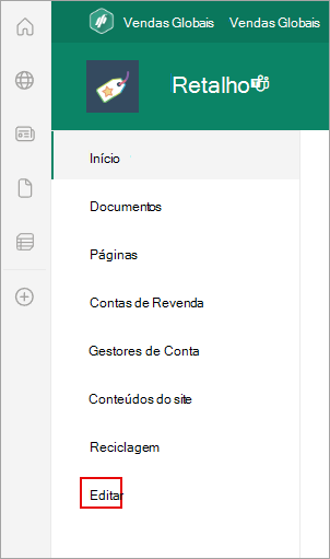 Captura de ecrã a mostrar a localização do comando Editar numa página do SharePoint.