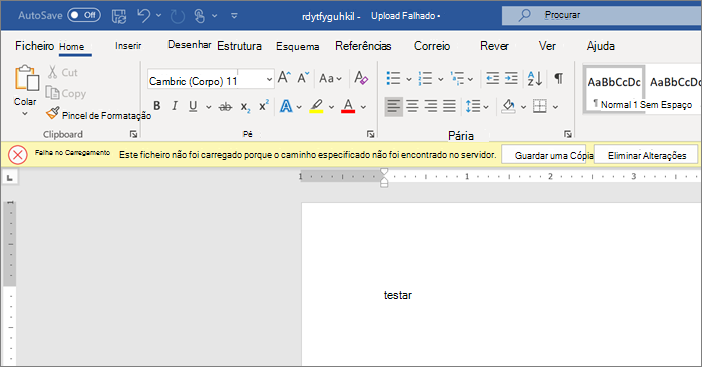 Captura de ecrã do erro Falha no Carregamento ao editar um documento no Word