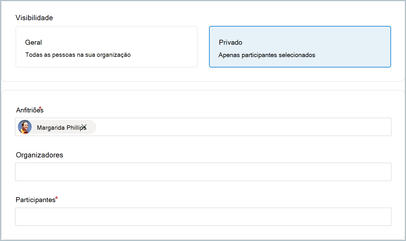 Captura de ecrã a mostrar que, quando seleciona a definição Visibilidade privada, pode adicionar utilizadores e grupos à ama.