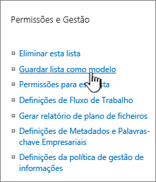 Secção de gestão de permissões do menu Definições