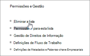 Caixa de diálogo Definições da lista com a caixa de diálogo Eliminar esta lista realçada