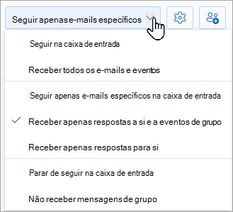 A lista pendente mostrará as suas seguintes opções: seguir a caixa de entrada, seguir apenas e-mails específicos na caixa de entrada ou parar de seguir na caixa de entrada.