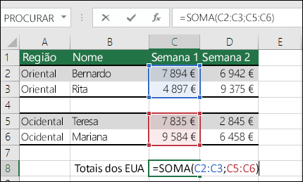 Utilizar a função SOMA com intervalos não contíguos.  A fórmula da célula C8 é =SOMA(C2:C3;C5:C6). Também pode utilizar Intervalos com Nomes, para que a fórmula seja =SOMA(Semana1;Semana2).