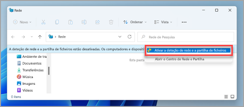 O aviso Partilha de Rede e Ficheiros no painel Rede no Windows 11.