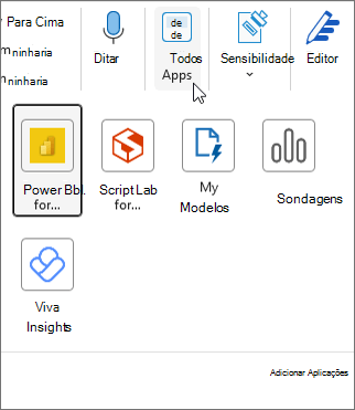 O menu de opções Todas as Aplicações no Outlook para Windows.