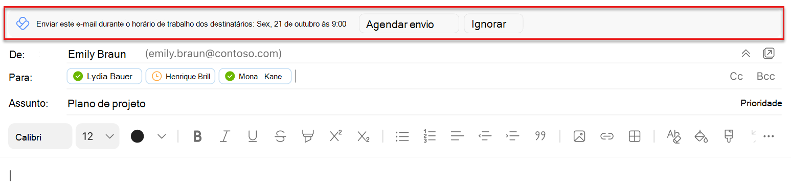 Captura de ecrã de uma sugestão de envio de agendamento no Outlook Mac realçada acima da linha De
