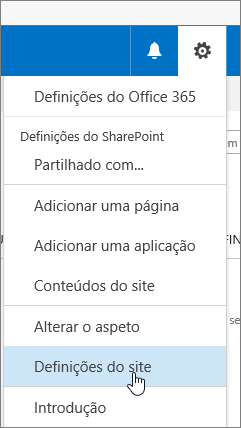 Opção Definições do site no botão Definições