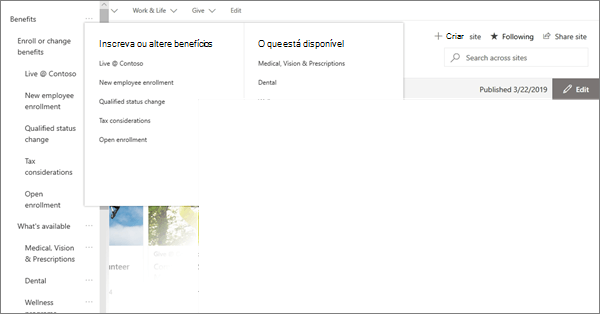 Exemplo da navegação megaMenu para um moderno site hub no SharePoint Online