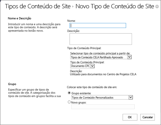 Diálogo de criação de tipos de conteúdo