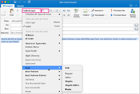 Selecionadores do tipo e tamanho do tipo de letra no Outlook para Mac