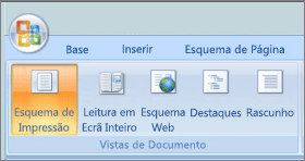 Captura de ecrã mostra o grupo vistas de documento com a opção de esquema de impressão selecionada. Outras opções disponíveis são leitura em ecrã inteiro, esquema Web, destaque e rascunho.