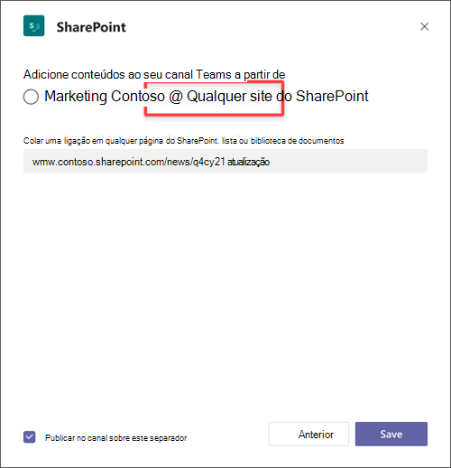 Selecione o botão de opção Qualquer site SharePoint para colar um formulário de ligação num site diferente.