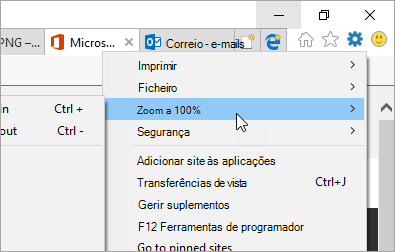 Captura de ecrã do menu Ferramentas no Internet Explorer